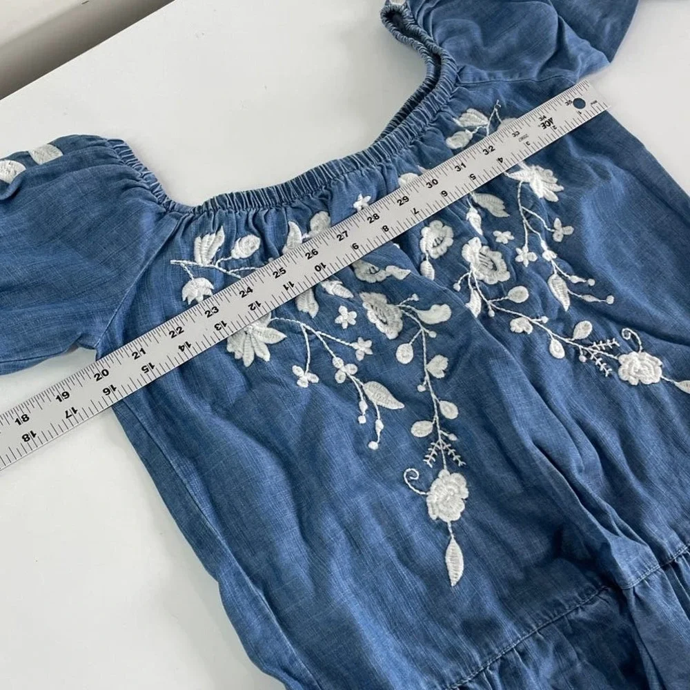 Blue Rain Top‎ Women XS Blue Floral Embroidered Boho Off Shoulder Cottagecore